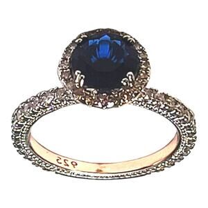 Rose Gold Lined 925 Round Synthetic Blue Sapphire halo Ring Size 9
